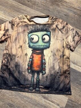 Graphic Tee with Green Large Eye Little Mobster Illustration - Unbranded